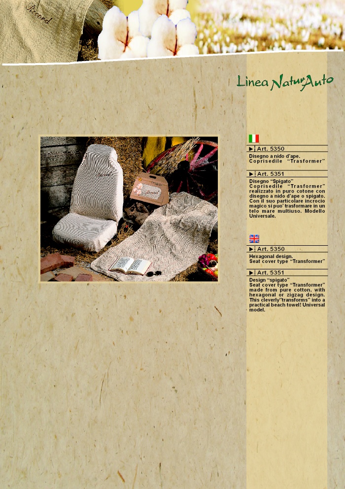 Coprisedili fodere linea natura art.5350, 5351 by Prodotti Record. Coppia coprisedili Trasformer con disegno a nido d'ape in puro cotone con disegno a rilievo per viaggi freschi. Modello universale. Con il suo brevettato sistema si pu� trasformare in un telo mare.